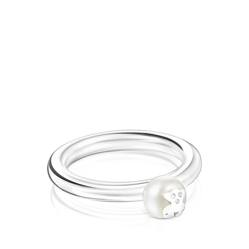 Silver and Pearl TOUS Icon Pearl Ring with Bear motif