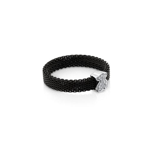 Anillo de acero IP negro y oro blanco con diamantes motivo oso estrecho Icon Mesh